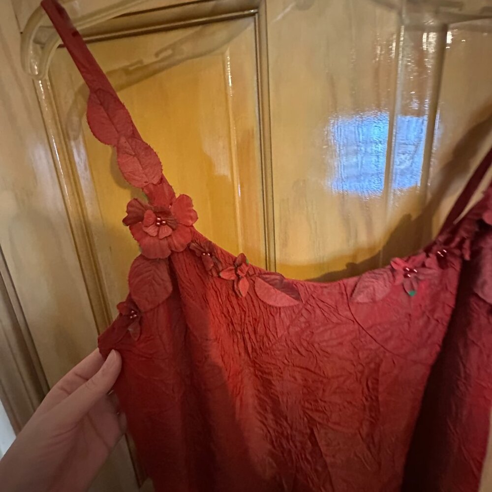 Vintage Sue Wong Red Crinkle Satin Floral Applique Slip Dress - Size M - Picture 3 of 5